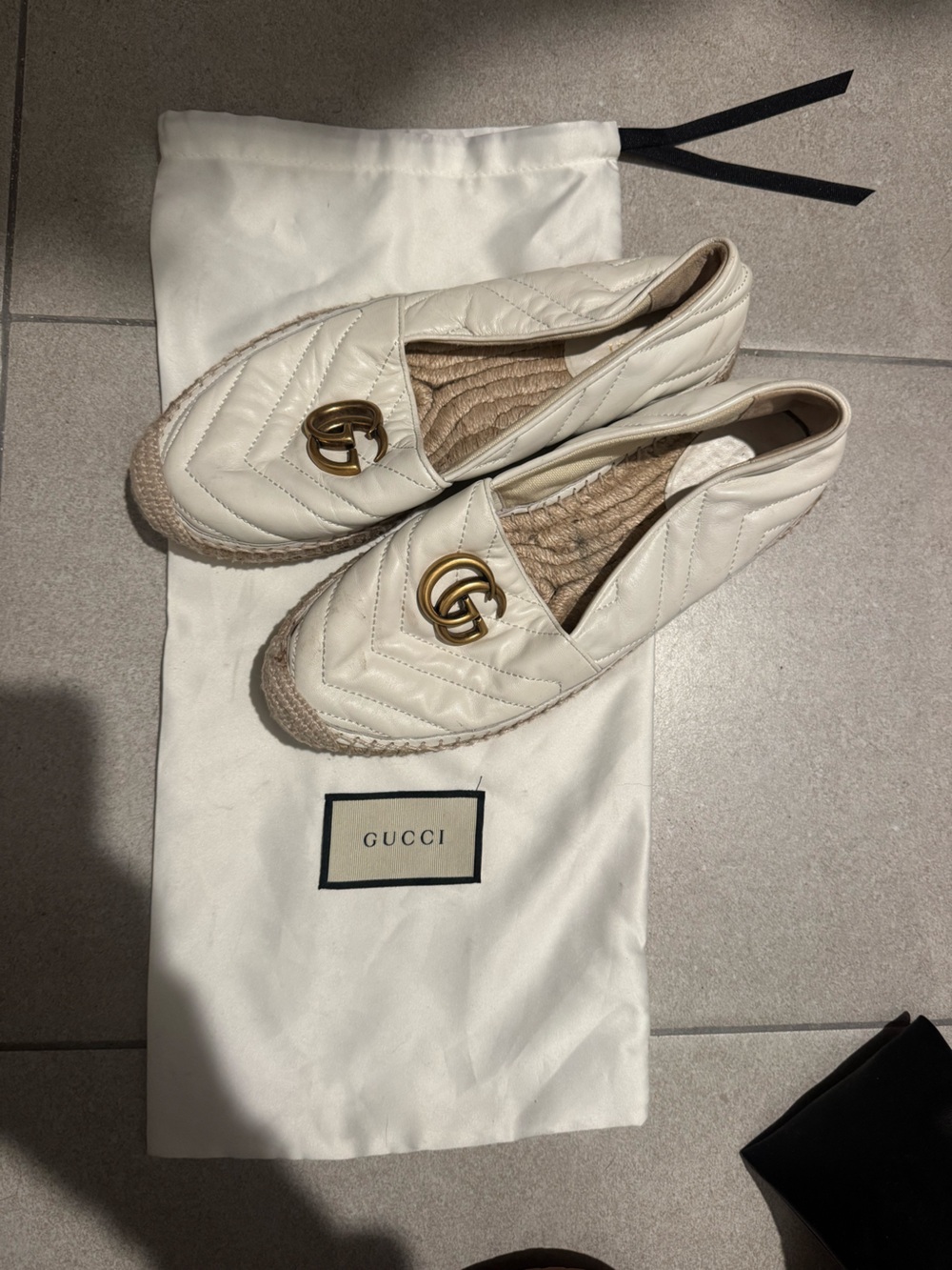 Gucci Cream Quilted Leather Espadrille Loafers with Gold Double G